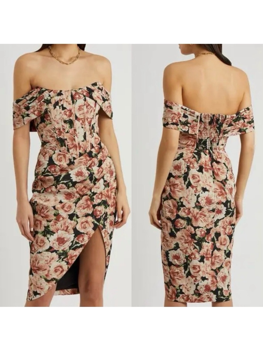 Lavish Alice Floral Rose Print Off The Shoulder Corset Midi Dress